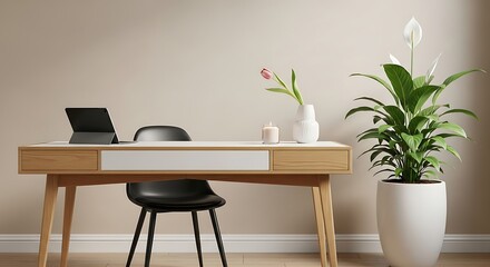 Modern minimalist home office workspace with wooden desk, tablet, plants, and candle.