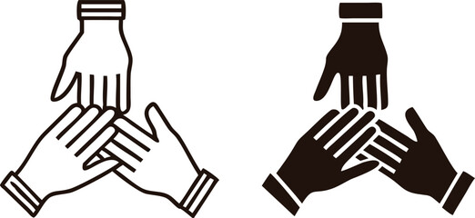 Participation Icons. Black and White Vector Icons. Three Hands Together. Teamwork, Business Partnership. Meeting and Office Concept