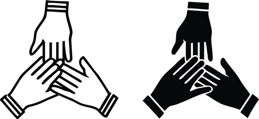 Participation Icons. Black and White Vector Icons. Three Hands Together. Teamwork, Business Partnership. Meeting and Office Concept