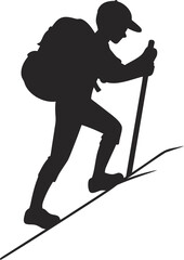 Silhouette Illustration of a Hiker Climbing Uphill with Backpack and Trekking Pole