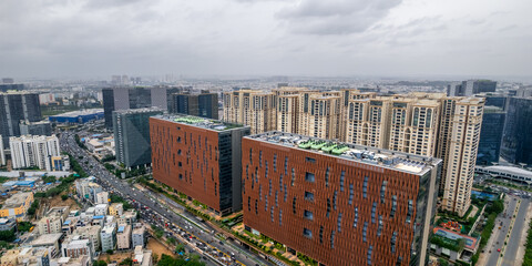 Aerial view of Hitec city with in Hyderabad city a major Information technology hub in India, Locates several big tech companies.