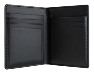 Sleek leather passport holder in matte black, isolated on a transparent background