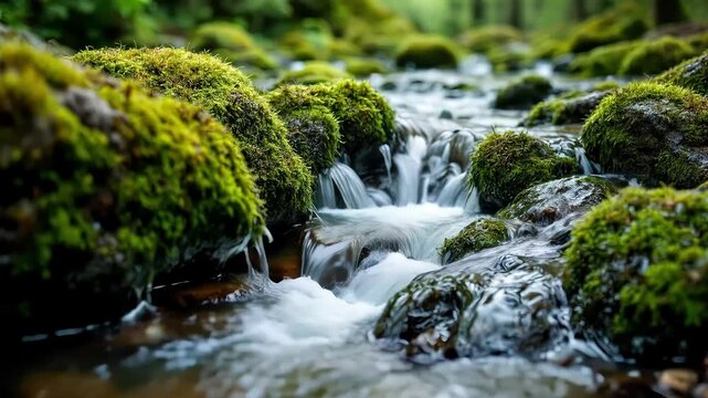 Here's a beautiful small waterfall in a lush green forest, with water cascading over mossy rocks into a flowing stream High quality natural video footage 4k cenamatic video short