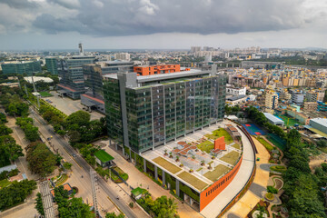 Aerial view of Electronic city with many technology companies modern buildings in Bengaluru , Karnataka, India