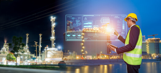 Industrial engineer managing smart energy plant with touch screen interface, high-tech dashboard in...