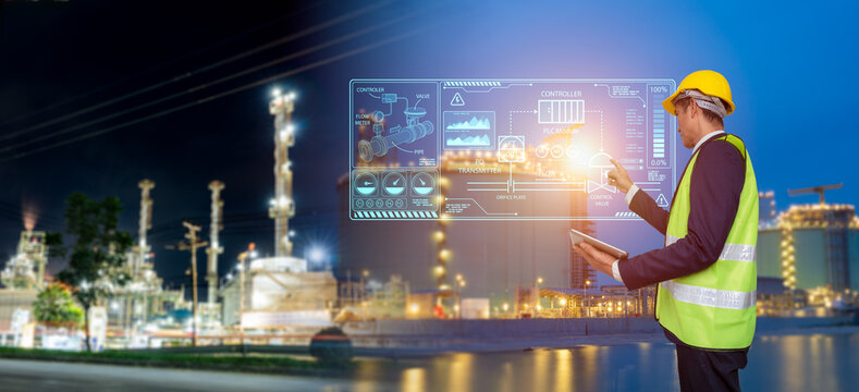 Industrial engineer managing smart energy plant with touch screen interface, high-tech dashboard in refinery, digital transformation, automation, future energy infrastructure, and smart control system