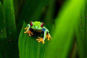 A midst of a lush jungle, a stunning red-eyed tree frog embodies