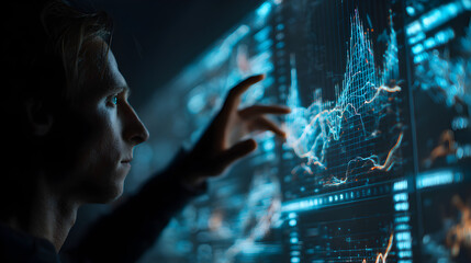 Man interacting with a digital interface displaying data charts and graphs in a futuristic setting