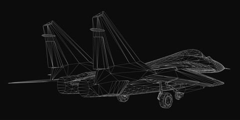 A 3D wireframe model of a combat fighter jet stands out against a black background. The detailed mesh structure highlights the aircraft's sleek design and aerodynamic features.