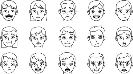 facial expressions, set of faces, different emotions, simple line drawing, minimalism, black and white, emotions chart