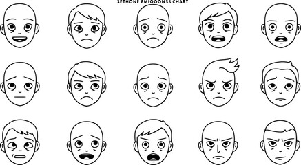 facial expressions, set of faces, different emotions, simple line drawing, minimalism, black and white, emotions chart