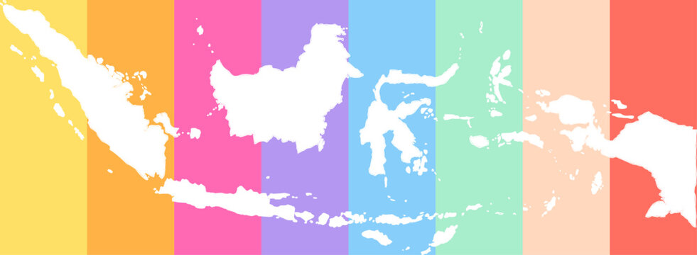 White silhouette map of Indonesia with Vibrant rainbow backdrop, highlighting its landmass. Suitable for geographic and design concepts.

