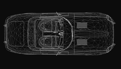Convertible car 3D model displayed in wireframe style on a sleek black background, highlighting the detailed interior design. The transparent structure showcases seats, dashboard.