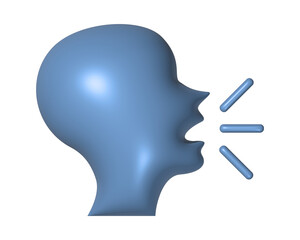 Dark blue silhouette of speaking person head 3D icon