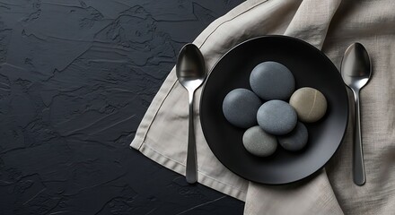 Serene Spa Menu: Dark Plate, Smooth Stones, Linen Napkin, Silverware, Minimalist Table Setting