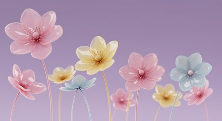 Minimalist Glossy Flower Grouping with Pastel Colors on Soft Gradient Background