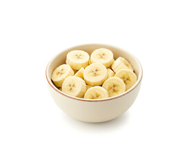 Peeled banana pieces in ceramic bowl isolated on white background.