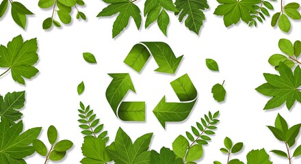 A photorealistic recycling symbol shaped from green leaves, with a lush foliage border, representing eco-friendly practices and sustainability.