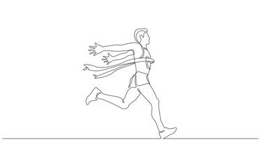 Continuous one line drawing of runner joyfully crossing the finish line, triumph in running race concept, single line art