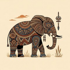 Ornate elephant illustration with intricate geometric patterns, standing in a field with hanging decorations, against a beige background.