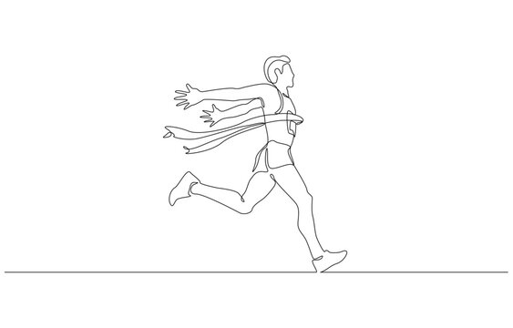 Continuous one line drawing of runner joyfully crossing the finish line, triumph in running race concept, single line art