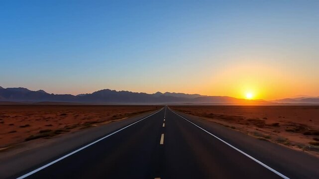 Empty asphalt highway stretches into the sunset across a vast desert landscape under a dramatic sky with a lone car driving towards the horizon High quality natural video footage 4k cenamatic video sh