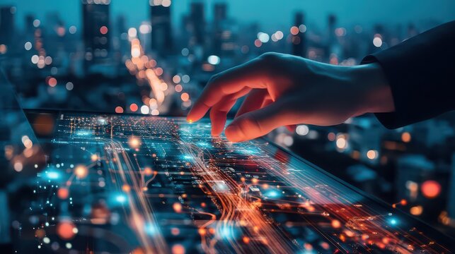 Hand interacting with digital interface overlayed on a blurred cityscape at night with bokeh lights