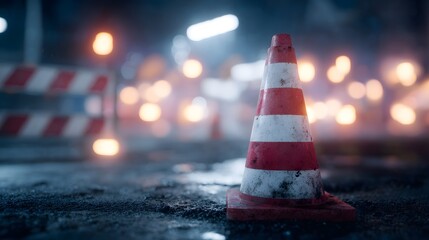 Caution signs and barriers at an active construction site at night