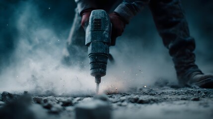 Worker using jackhammer to break apart concrete slab