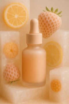 Cosmetic serum bottle with fruits on soft spa ice cubes