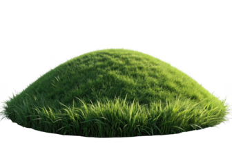 Lush green grassy mound with bright sunlight illuminating the blades isolated on transparent background
