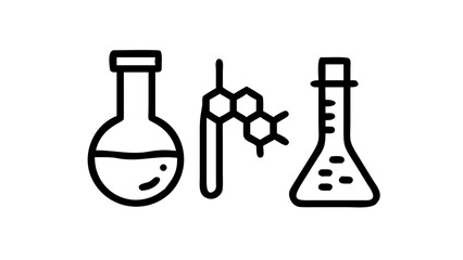 Illustration of science beakers and molecular structure in black and white simple outline design created with generated ai