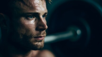 Focused man adjusting barbell weights preparing for an intense lift