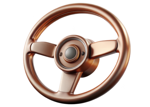 Detailed close up of a vintage copper steering wheel with a central dark knob isolated on transparent background
