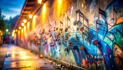 A narrow alley with stone paving is lined by a wall painted with musical graffiti—vivid notes and staffs stretch along the surface, blending melody and street art in a hidden city pocket.