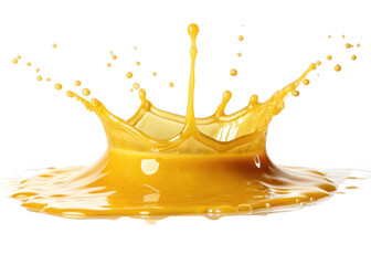 Dynamic orange juice splash crown shape with droplets isolated on transparent background