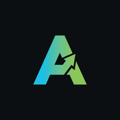 A modern and abstract letter 'A' logo with an integrated upward-pointing arrow, featuring a vibrant blue to green gradient, symbolizing growth and progress.
