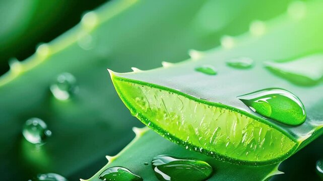 Close-up of fresh aloe vera leaf with water droplets