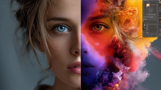 Beauty and Creation: A mesmerizing split image features a portrait of a woman with striking blue eyes. The left side shows the natural beauty.