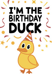 Fototapeta premium Adorable yellow cartoon duck is ready to celebrate a birthday wearing a party hat