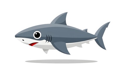 Naklejka premium A cute, cartoonstyle grey shark with big eyes and a friendly smile swims on a white background, isolated