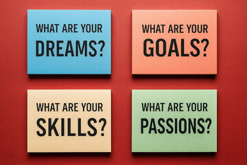 Inspirational Questions on Colorful Cards Asking About Dreams, Goals, Skills, and Passions