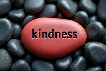 Kindness Stone Among Dark Pebbles Symbolizing Compassion and Positive Values in a Conceptual Setting