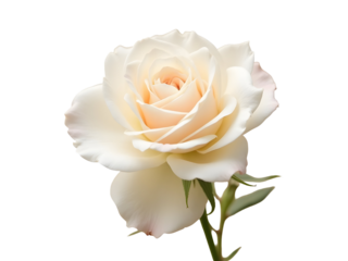 Delicate cream rose with soft peach center and green stem isolated on a transparent background