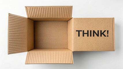 Open Cardboard Box with the Word THINK! Encouraging Creativity and Innovation on a White Background