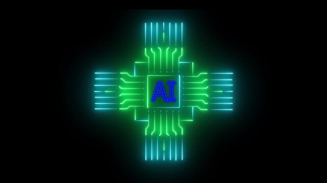 Futuristic ai chip with glowing circuitry in motion.Glowing neon AI circuit board background. Computer motherboard with a chip, Processor with artificial intelligence AI.Minimal chip icon with AI .4k