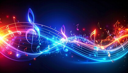 Colorful musical notes and symbols dance in a wave-like rhythm against a dark backdrop, evoking joy, movement, and the expressive power of music in vibrant hues.