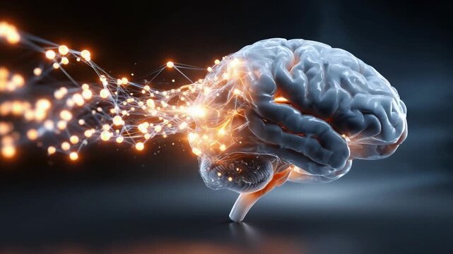 The Human Brain: Illuminated neural pathways burst forth from a detailed, anatomically correct human brain model. The image, imbued with a futuristic glow, symbolizes the power of thought, memory.