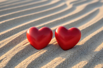Pair of Red Hearts on Sand with Linear Patterns Symbolizing Deep Affection and Intertwined Destinies