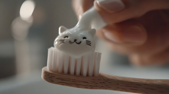 Applying toothpaste to a small cat toothbrush